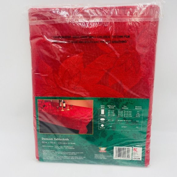Trim A Home Red Fabric Cloth Poinsettia Embossed Damask Tablecloth 52" New - Picture 2 of 2